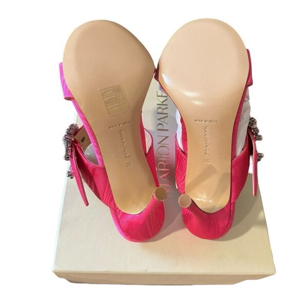 Revolve Marion Parke Lucia Fuchsia Pink Satin Rhinestone Buckle Heeled Sandals - Picture 10 of 10